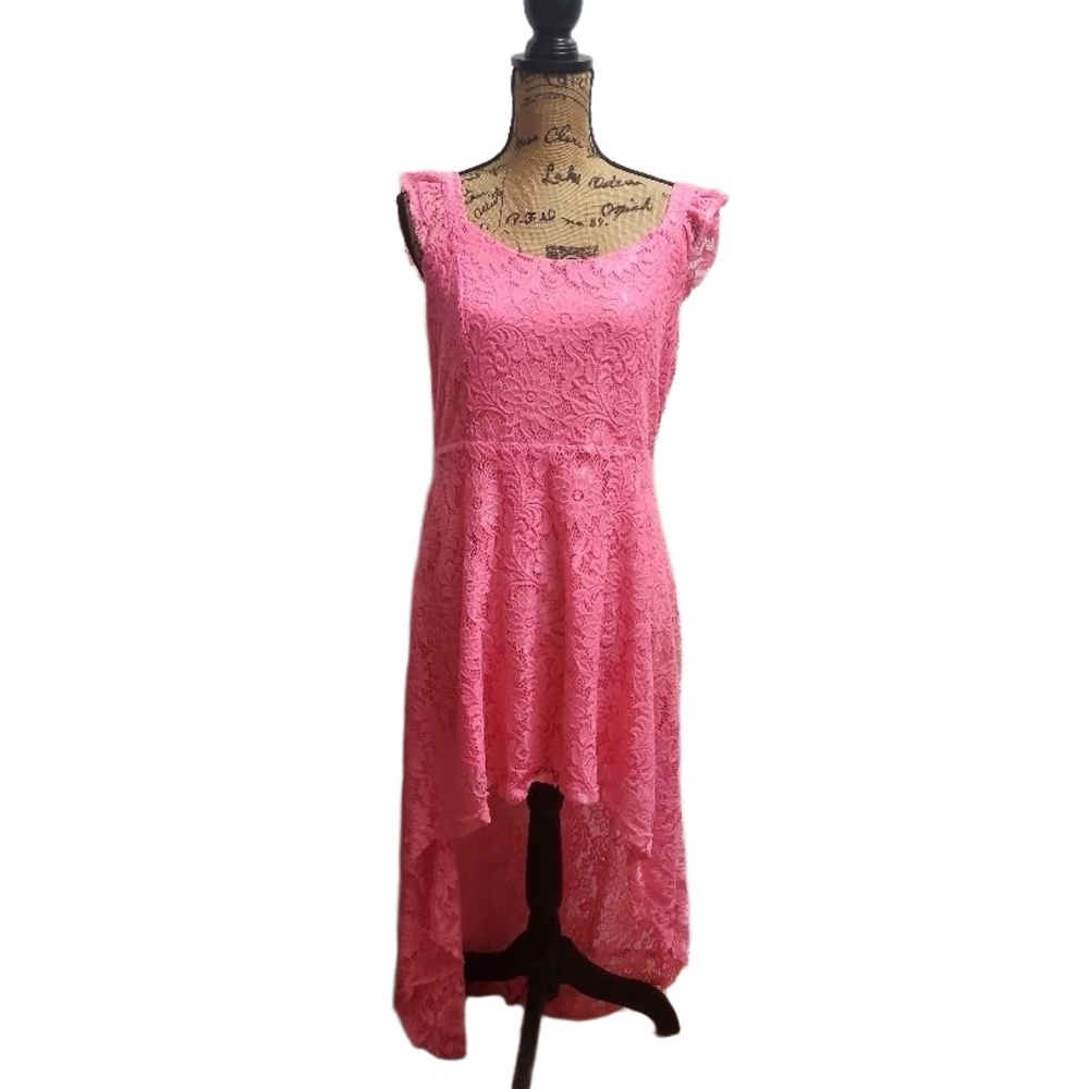 Pink Womens High Low Dress Elegant Lace Overlay Romantic Feminine - Picture 2 of 3